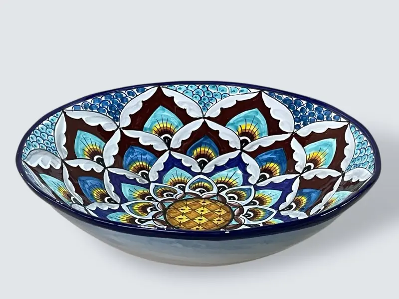 Peacock Feathers Majolica Irregular Ceramic Bowl 28cm, 0BX-28-B – Handmade in Deruta, Italy