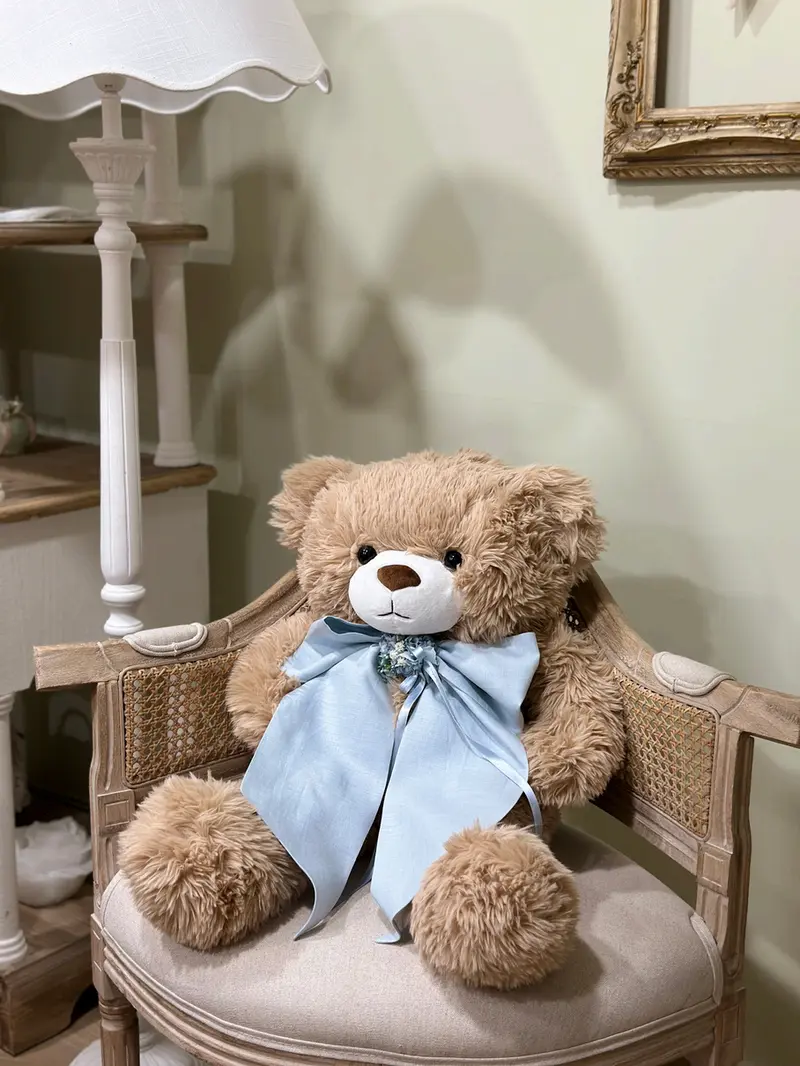 Peluche Teddy Bear con Fiocco in Lino, Idea Regalo Nascita – Mata Creazioni