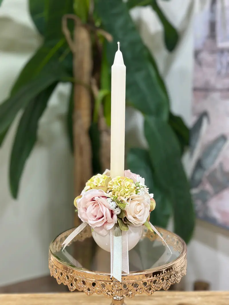 Petit Bon Bon in Ceramica con Candela Decorata e Fiori – Mata Creazioni