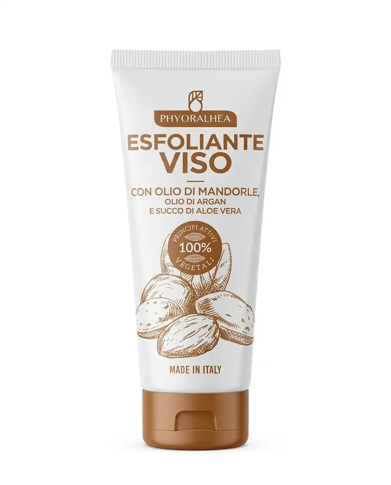 PHYORALHEA Esfoliante Viso all'Olio di Mandorle 75 ml | Scrub Viso con Olio di Argan, Aloe Vera e Acido Ialuronico | Rimuove Impurità e Cellule Morte | 100% Principi Attivi Vegetali | Made in Italy