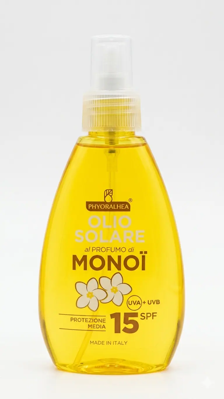 PhyorAlhea® Olio Solare SPF 15 al Profumo di Monoi 150ml | Protezione Media UVA/UVB | Olio Spray Idratante per un'Abbronzatura Dorata | Made in Italy
