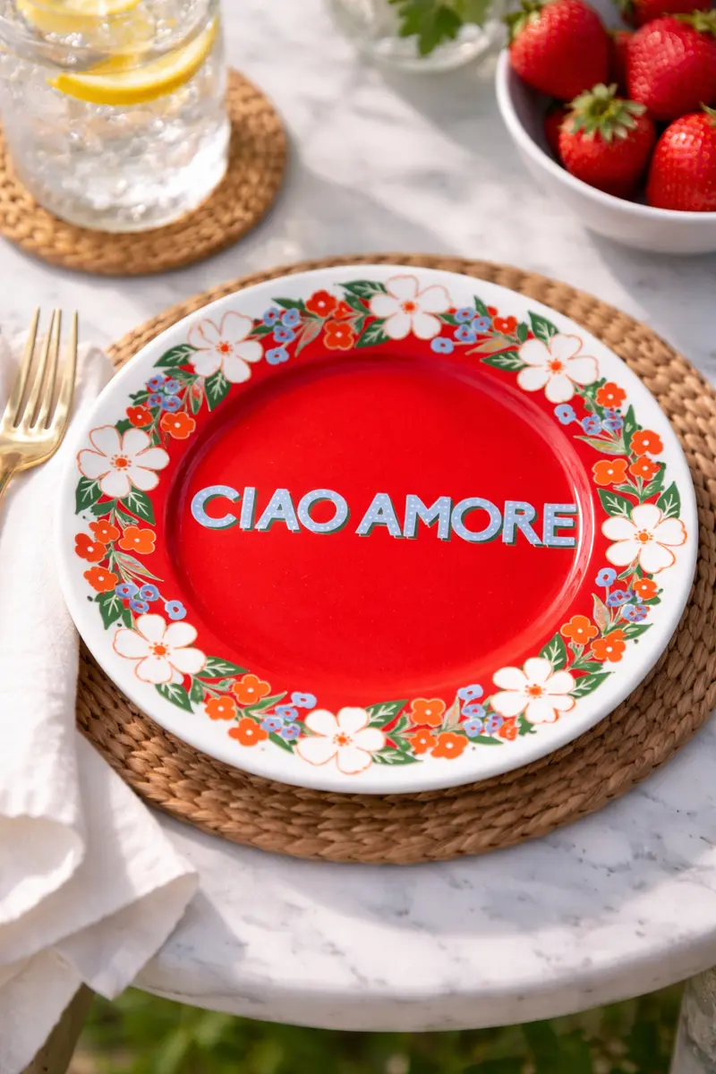 Piatto in porcellana “Ciao Amore” Ø 16 cm – Rosso con fiori