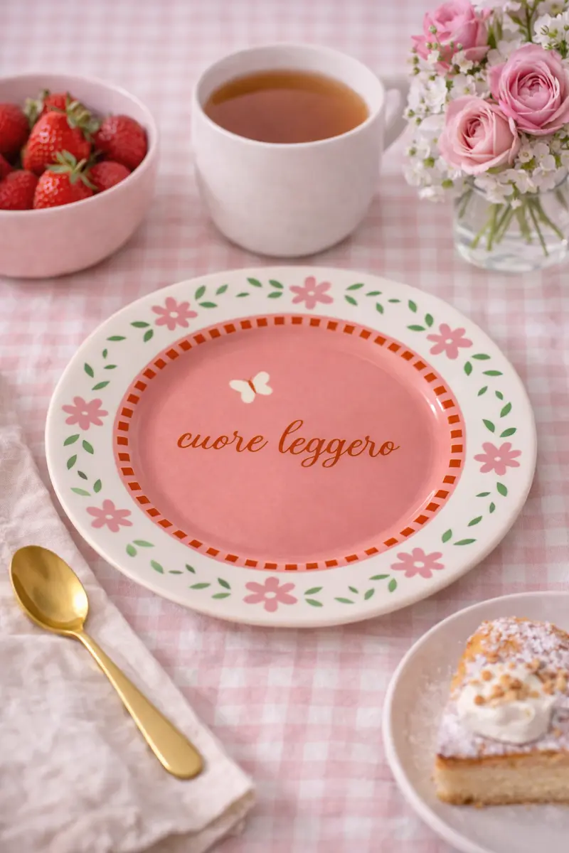 Piatto in porcellana “Cuore leggero” Ø 16 cm – Rosa con fiori e farfalla