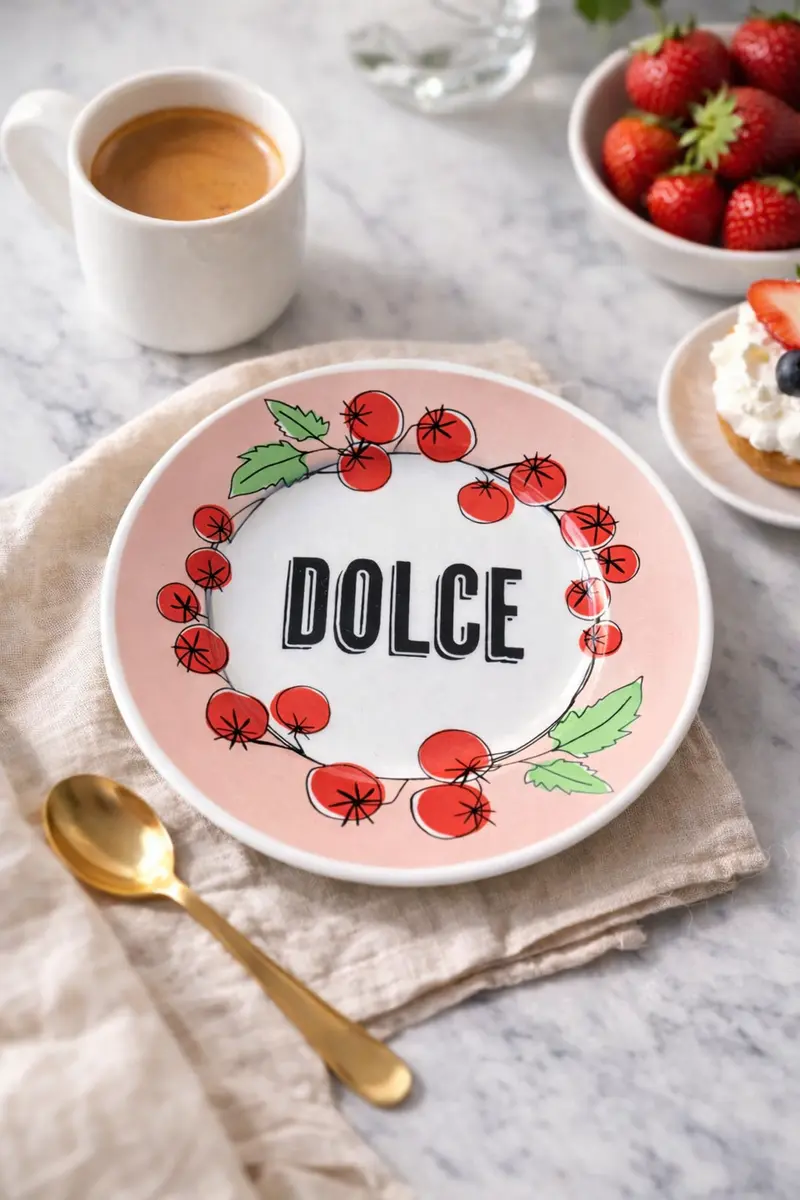 Piatto in porcellana “Dolce” Ø 16 cm – Rosa cipria con pomodori