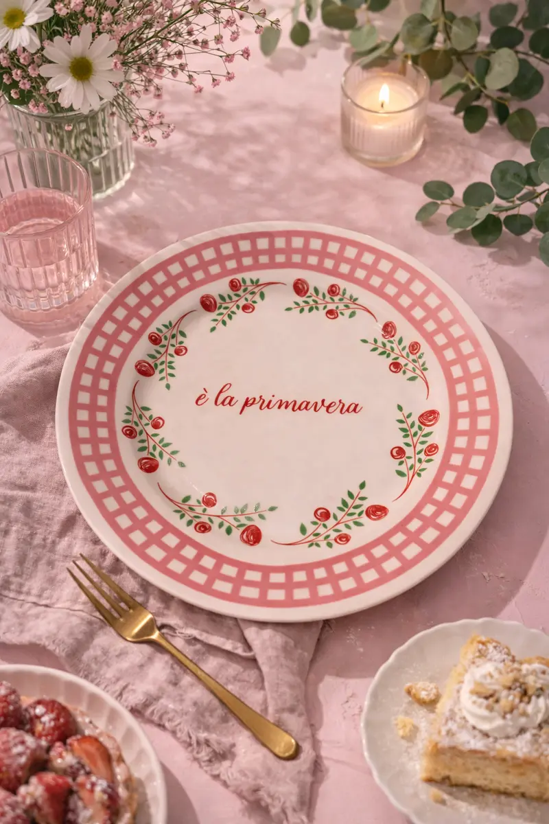 Piatto in porcellana “È la primavera” – Ø 21 cm – Rosa, rosso e verde – Decoro floreale
