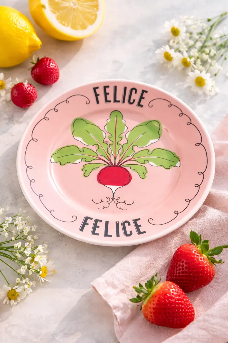 Piatto in porcellana “Felice” Ø 16 cm – Rosa cipria con ravanello