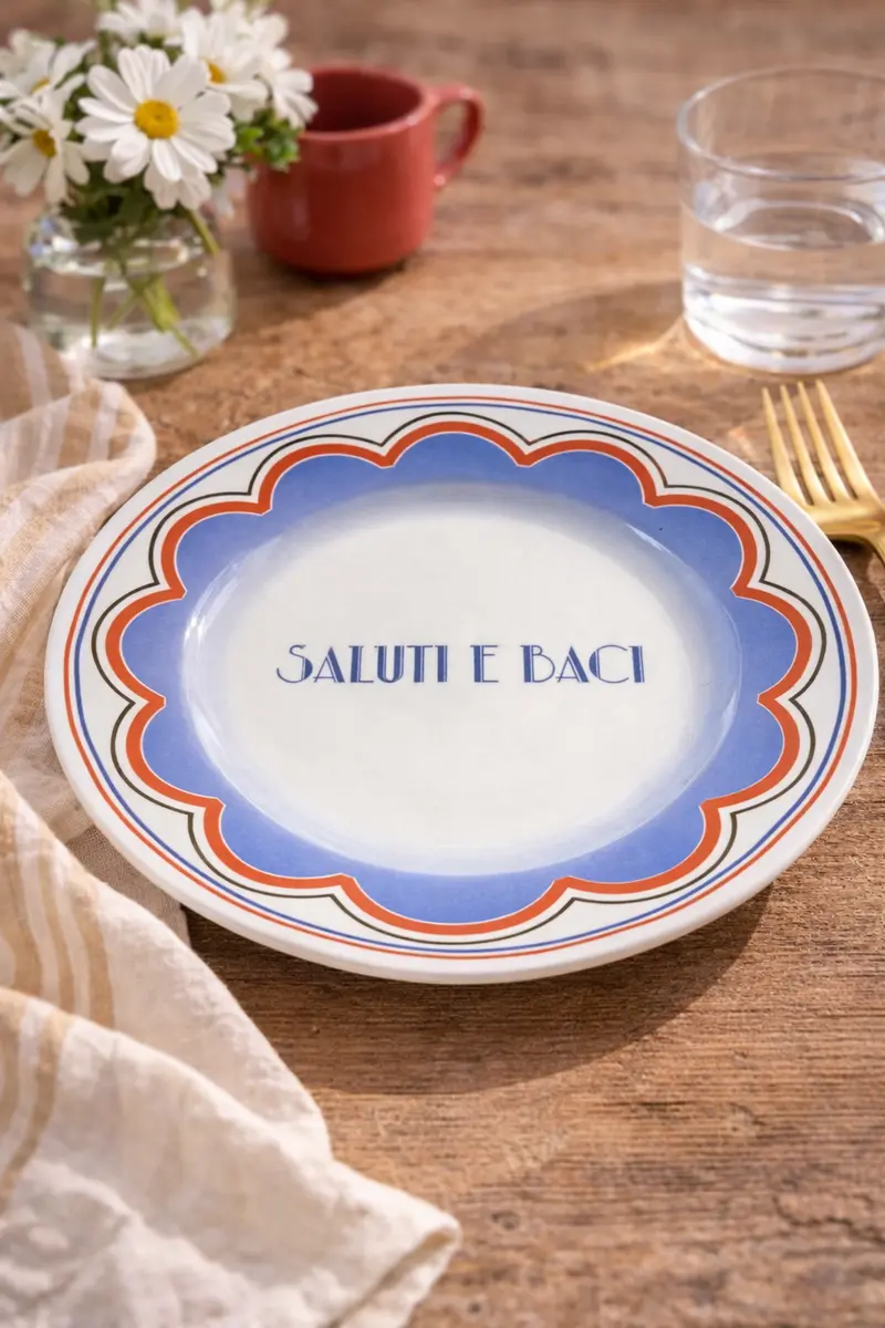 Piatto in porcellana “Saluti e Baci” Ø 21 cm – Bordo blu e rosso