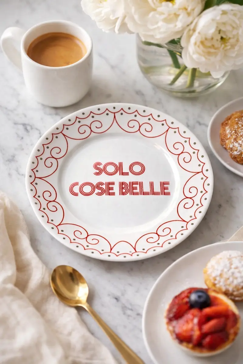 Piatto in porcellana “Solo cose belle” Ø 16 cm – Bianco con decoro rosso