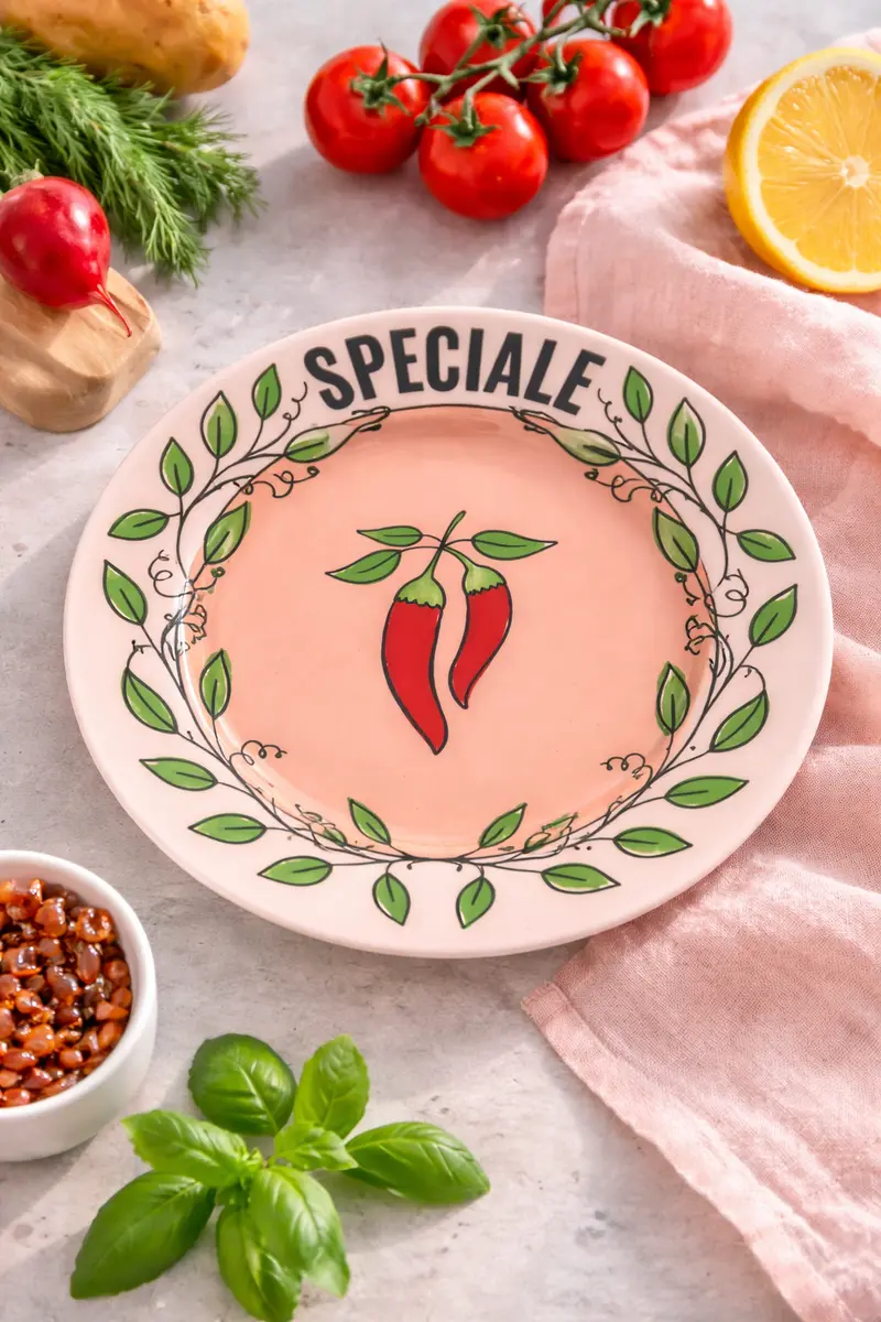 Piatto in porcellana “Speciale” Ø 16 cm – Rosa cipria con peperoncini