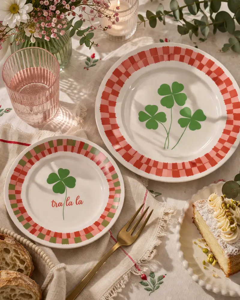 Piatto in porcellana “Tra la la” – Ø 16 cm / Ø 21 cm – Decoro quadrifoglio