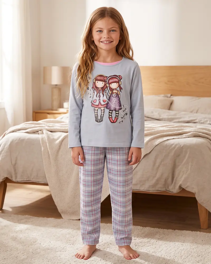 Pigiama Bambina Santoro Gorjuss 56621 Caldo Cotone Celeste Scozzese