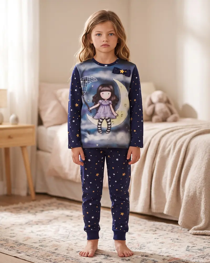 Pigiama Bambina Santoro Gorjuss 56625 Caldo Cotone Blu Luna e Stelle