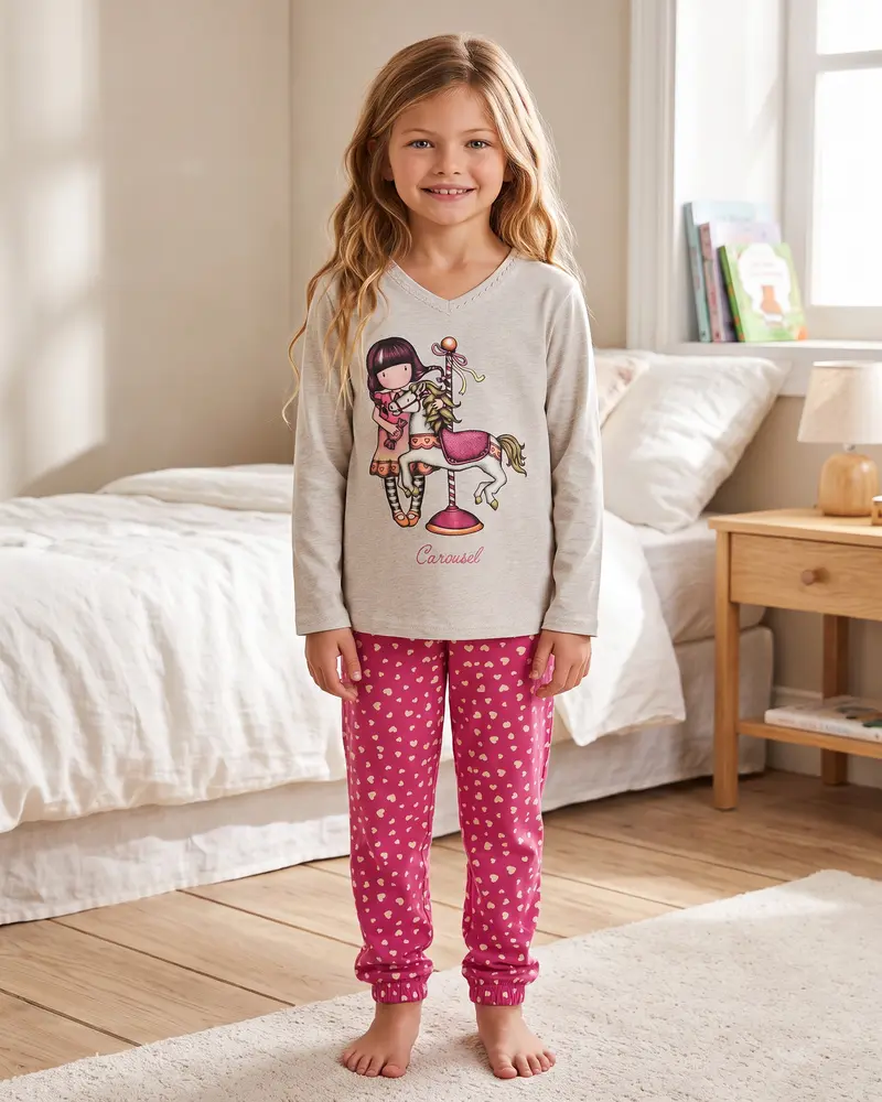 Pigiama Bambina Santoro Gorjuss 62409 Carousel Caldo Cotone Beige Fucsia