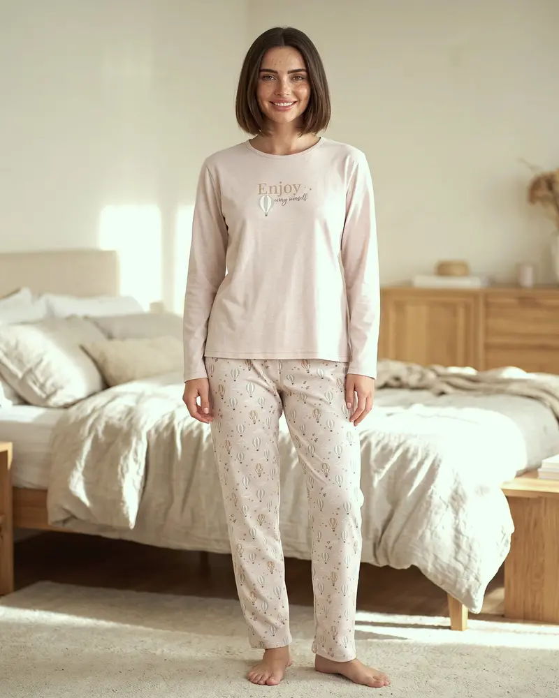 Pigiama Donna Admas Invernale Caldo Cotone Beige Mongolfiere Art. 63589
