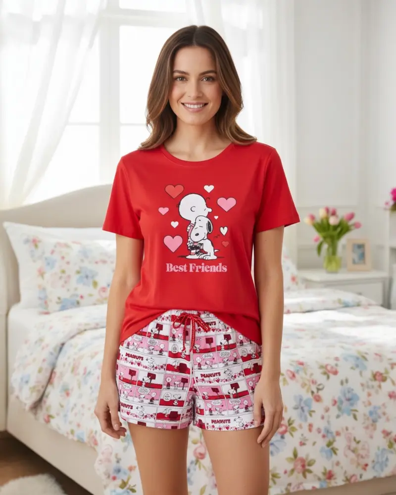 Pigiama Donna Estivo Peanuts Snoopy in Cotone 100% Rosso – Maglia Best Friends e Pantaloncini Fantasia Art. 64438