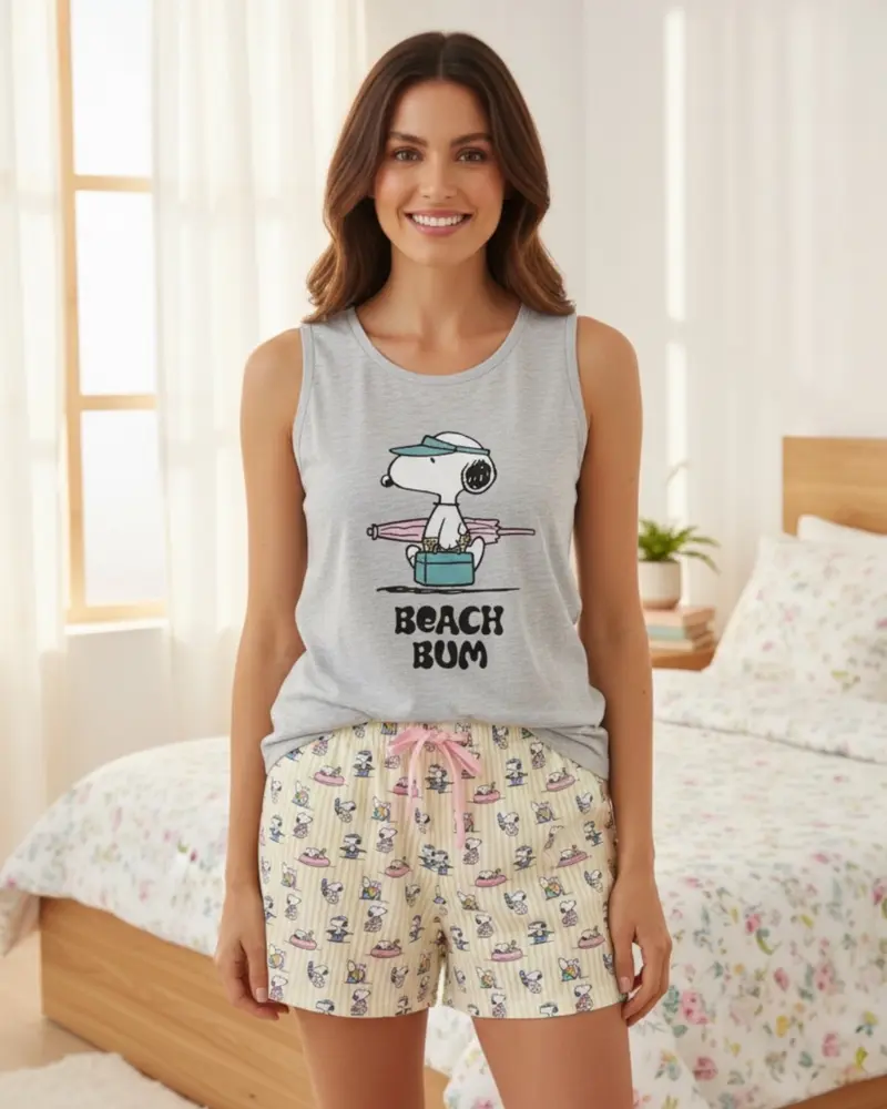 Pigiama Donna Estivo Peanuts Snoopy in Cotone Grigio Melange – Canotta Beach Bum e Pantaloncini Art. 64432