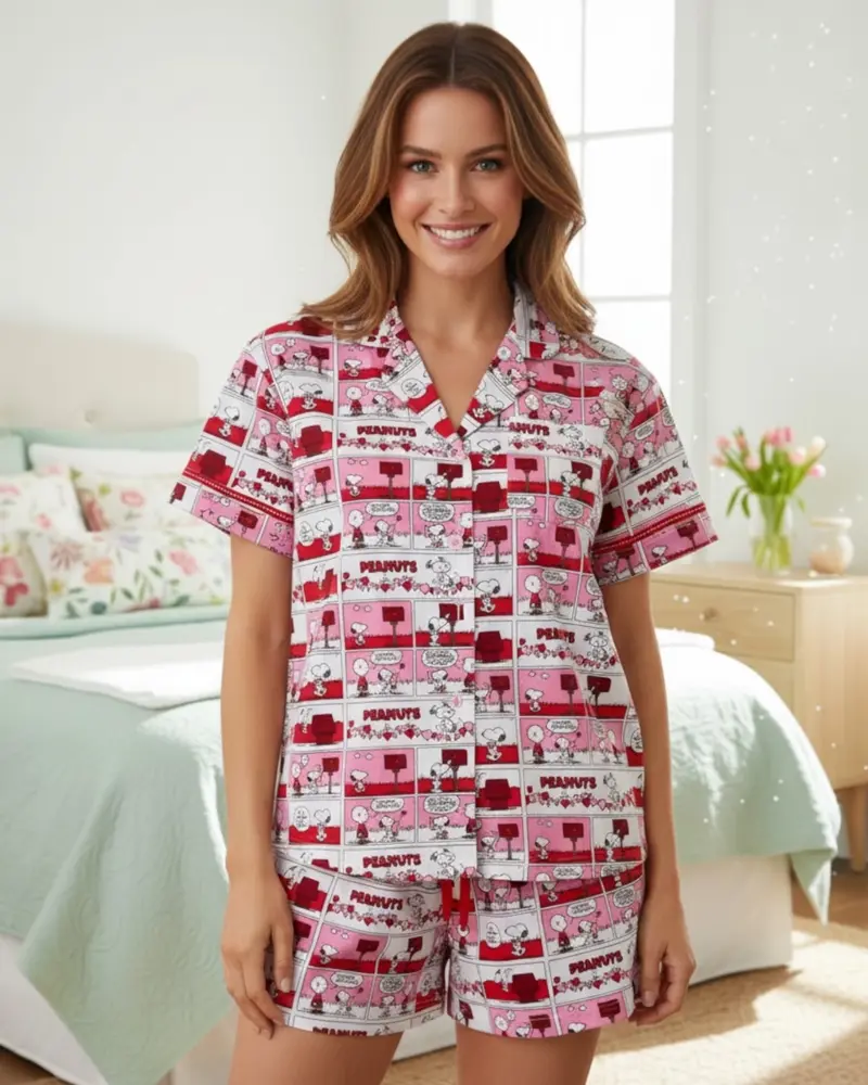 Pigiama Donna Estivo Peanuts Snoopy in Cotone Rosso – Modello Camicia con Bottoni Fantasia Fumetto Art. 64441