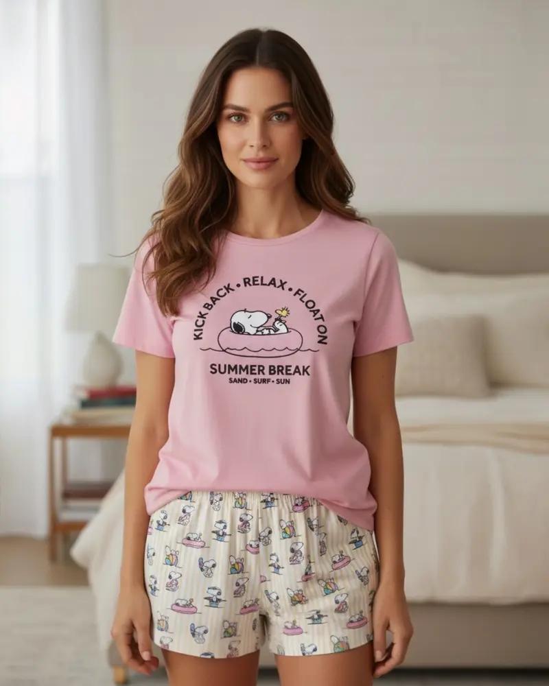 Pigiama Donna Estivo Snoopy Peanuts in Cotone Rosa – T-shirt e Pantaloncini Art. 64430