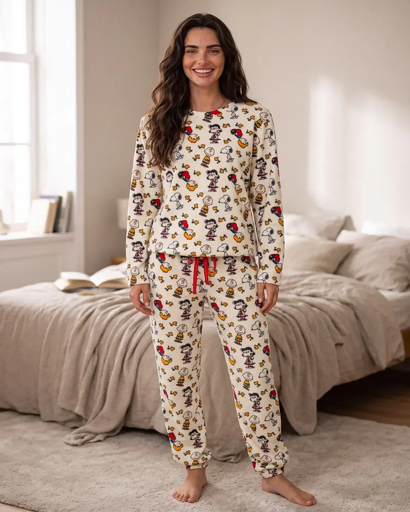 Pigiama donna invernale Peanuts Meet Up in velluto elasticizzato ecru – Art. 64997