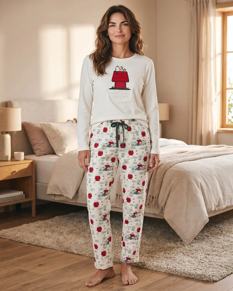 Pigiama Donna Peanuts Snoopy Art. 63241 Caldo Cotone 100% Cotone Crudo