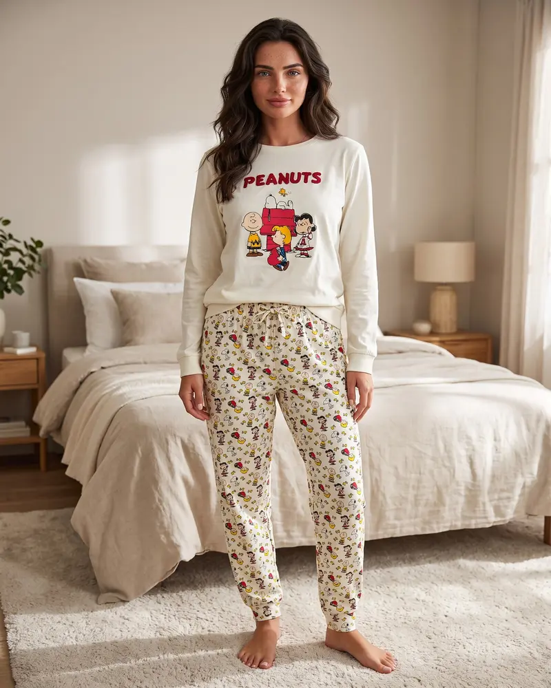 Pigiama Donna Peanuts Snoopy Art. 64996 in Caldo Cotone 100% Crudo