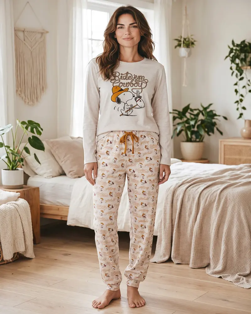 Pigiama Donna Peanuts Snoopy Cowboy Art. 64418 Caldo Cotone Beige