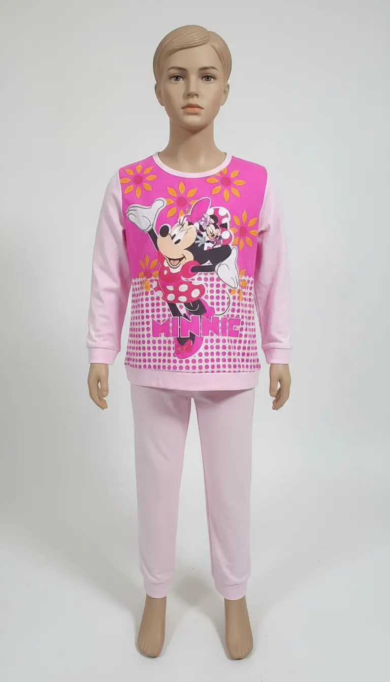 Pigiama Lungo Bambina Disney Minnie in Cotone – T-Shirt Stampa Fucsia & Pantalone Rosa