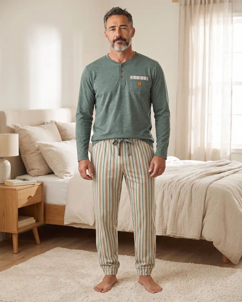 Pigiama Uomo Admas Art. 64806 Caldo Cotone Verde con Pantaloni a Righe