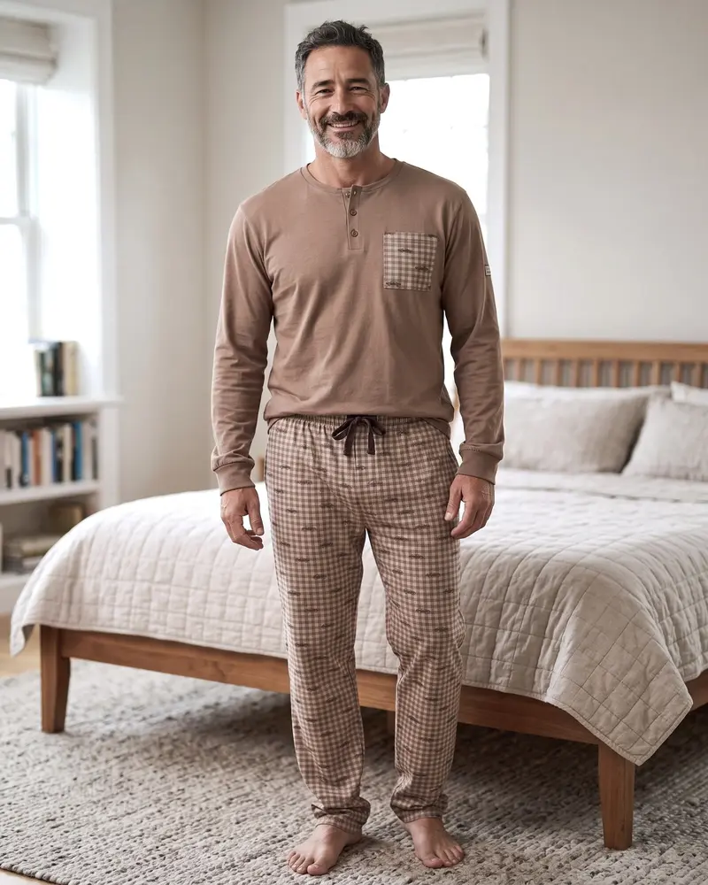 Pigiama Uomo Admas Art. 64818 Caldo Cotone Marrone con Pantaloni a Quadri