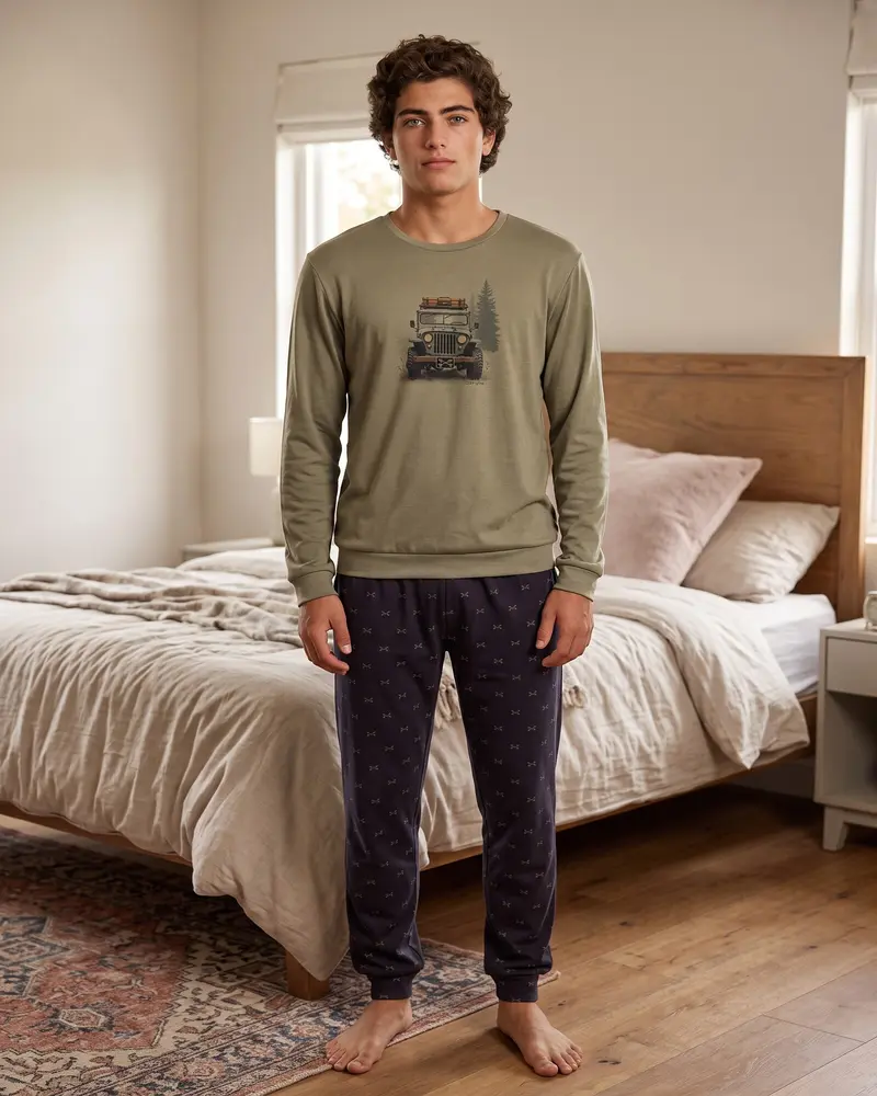 Pigiama Uomo Admas Art. 64826 Caldo Cotone Kaki con Pantaloni e Polsini