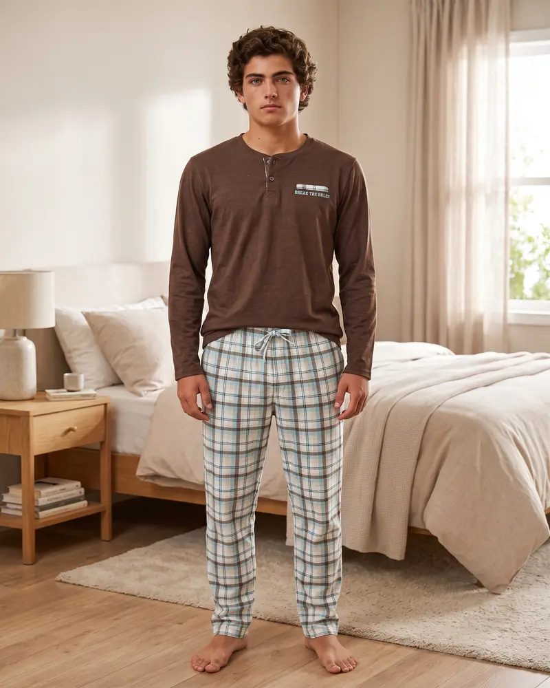 Pigiama Uomo Admas Art. 64845 Caldo Cotone Marrone con Pantaloni a Quadri