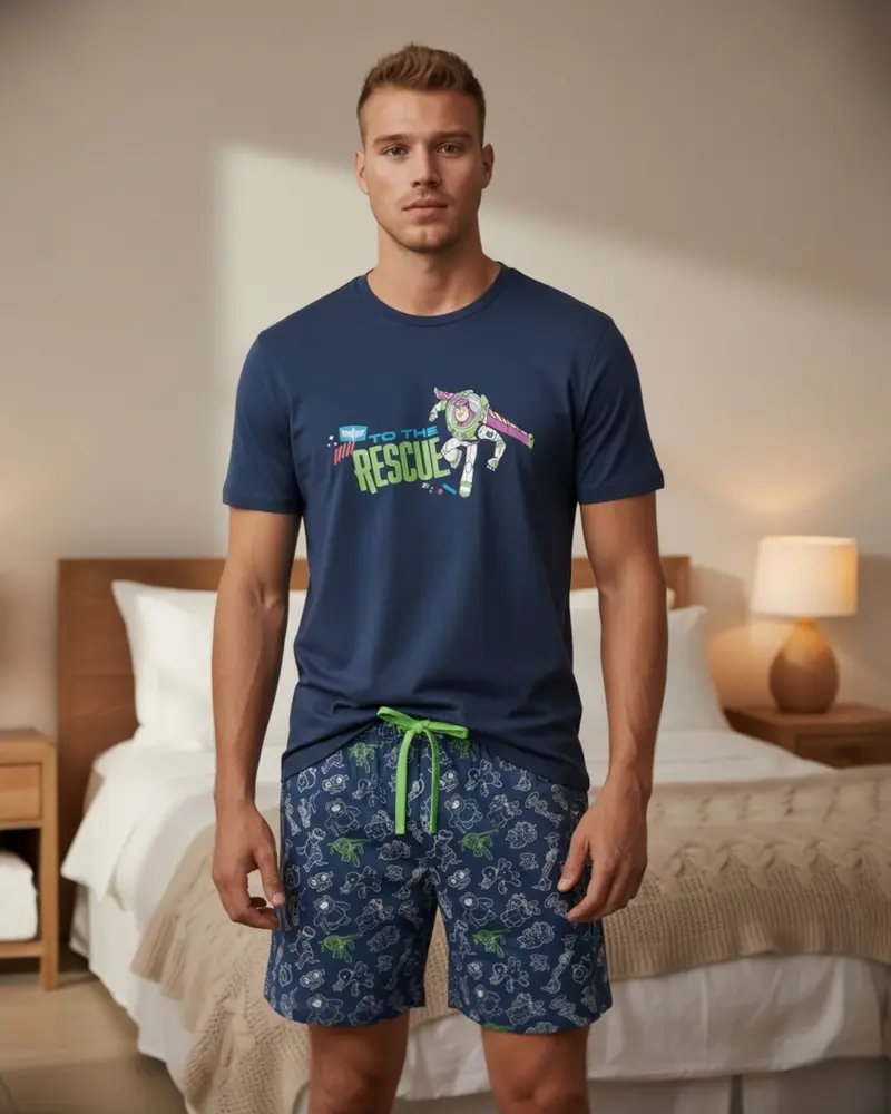 Pigiama Uomo Disney Toy Story Cotone 100% Estivo con Pantaloncino – Blu Buzz Lightyear Art. 64212