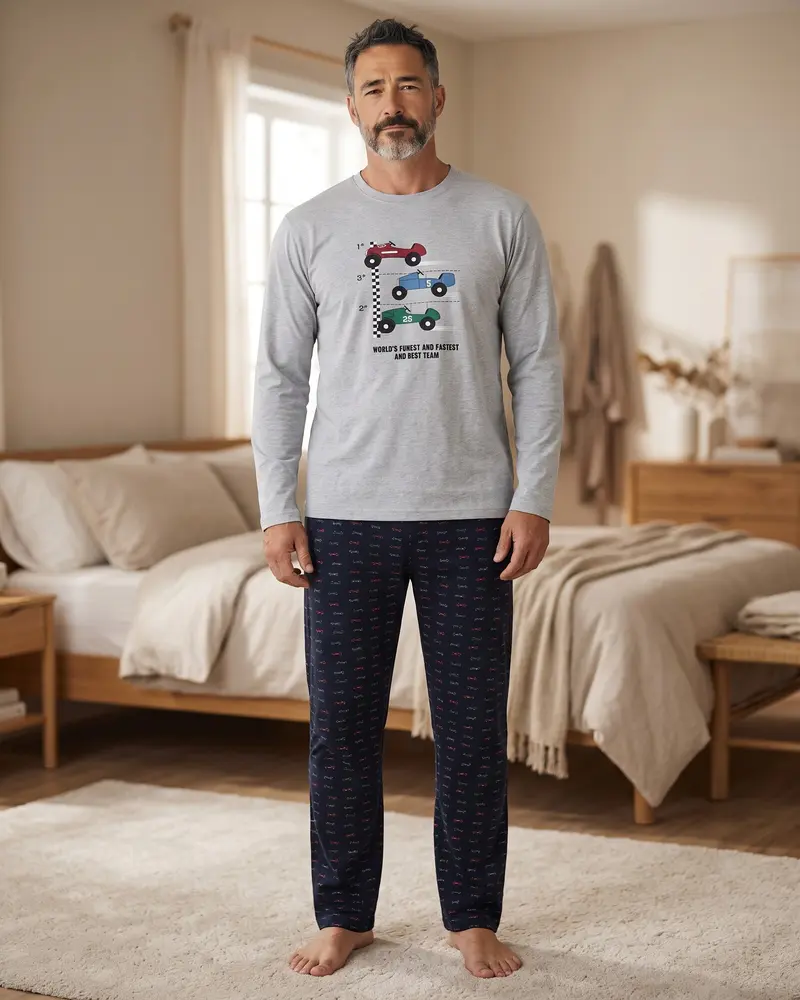 Pigiama Uomo Invernale Admas 60316 in Caldo Cotone Grigio e Blu