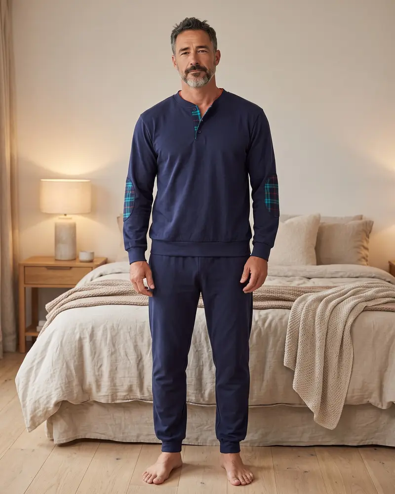 Pigiama Uomo Invernale Buccia di Mela 8851 100% Caldo Cotone con Toppe