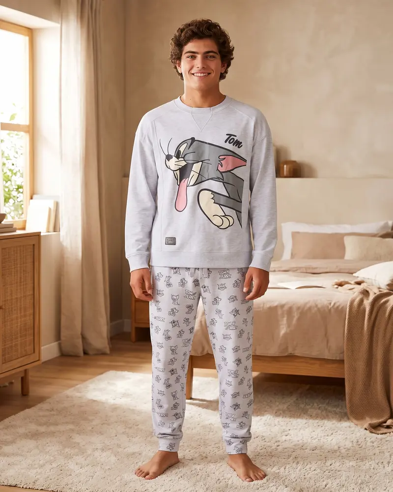 Pigiama Uomo Tom & Jerry Gisela in cotone Interlock Invernale Grigio Art. 20350