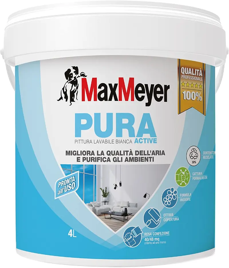 Pittura per interni lavabile, MAXMEYER Pura Active bianco opaco, 4 L