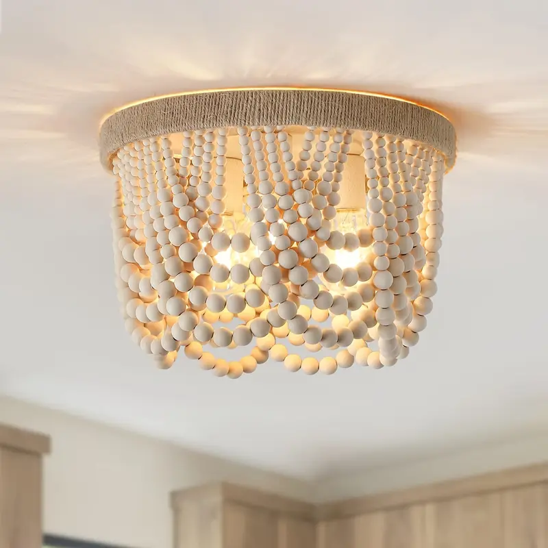 Plafoniera Boho Ricamo di Perle in Legno Naturale