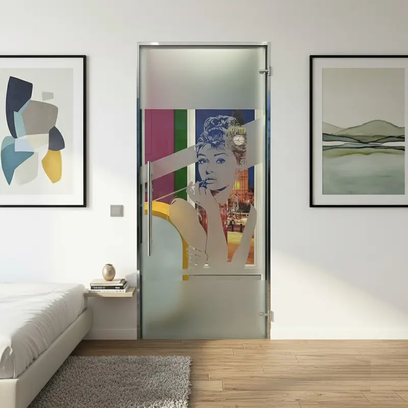 Porta Battente Casali in Vetro Trasparente con Disegno Satinato Audrey Hepburn
