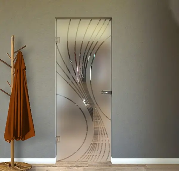 Porta Battente in Vetro Sabbiato con Disegni Trasparenti