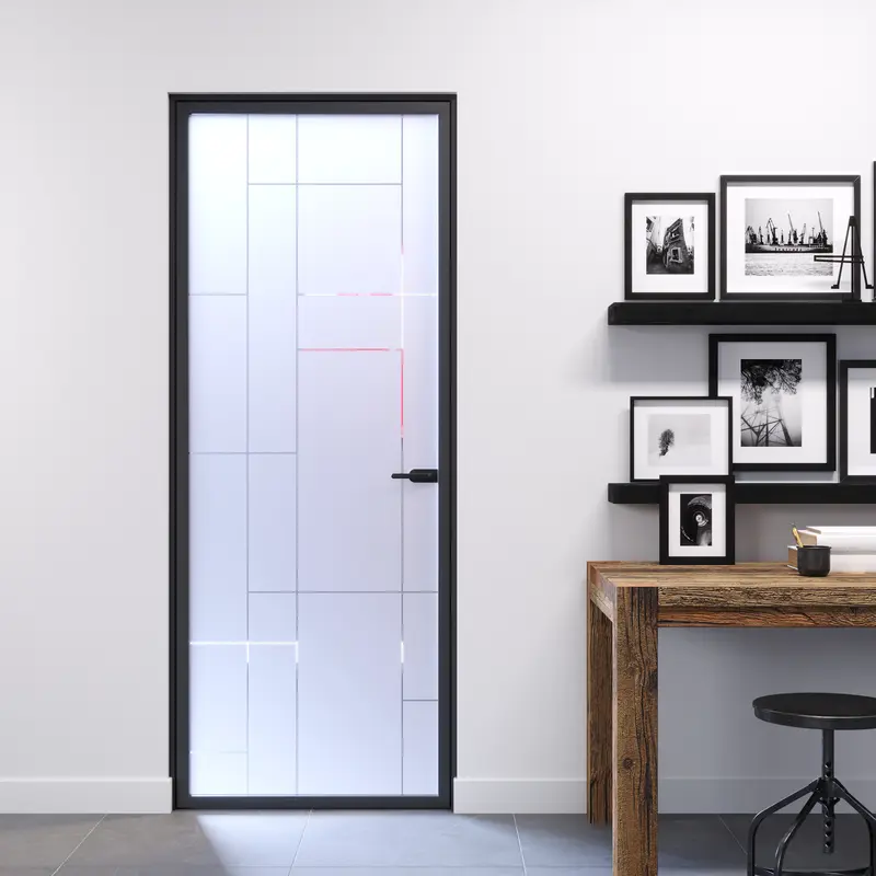 Porta Battente Universal Vetro Sabbiato con Disegno Trasparente e Telaio in Alluminio Nero