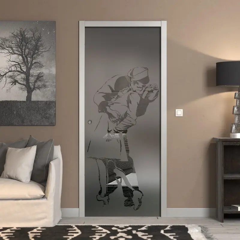 Porta Scorrevole a Scomparsa Vetro Sabbiato e Disegno Trasparente