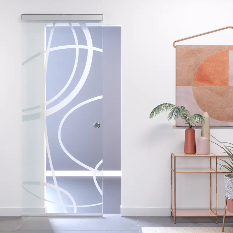 Porta Scorrevole con Vetro Trasparente e Disegno Sabbiato Binario Magical Invisibile