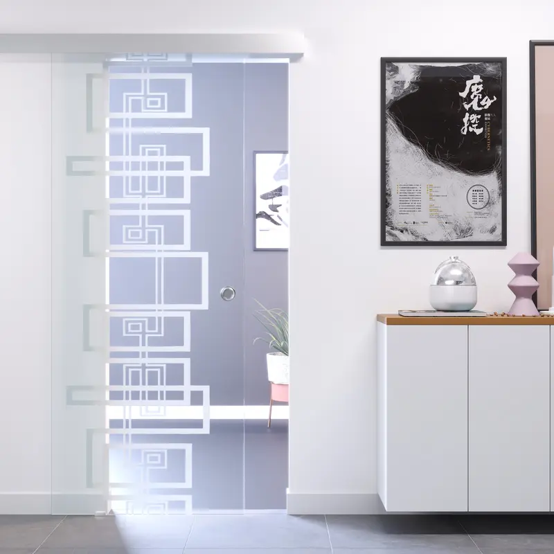 Porta Scorrevole Vetro Trasparente e Disegno Sabbiato con Binario Compact