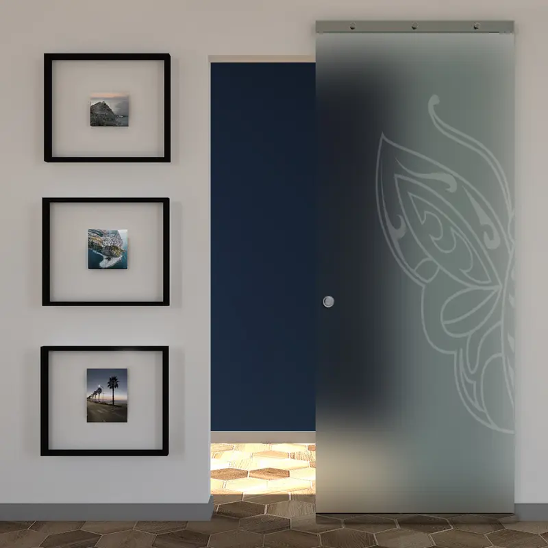 Porta Vetro Satinato Scorrevole e Disegno Sabbiato con Binario Magical Invisibile