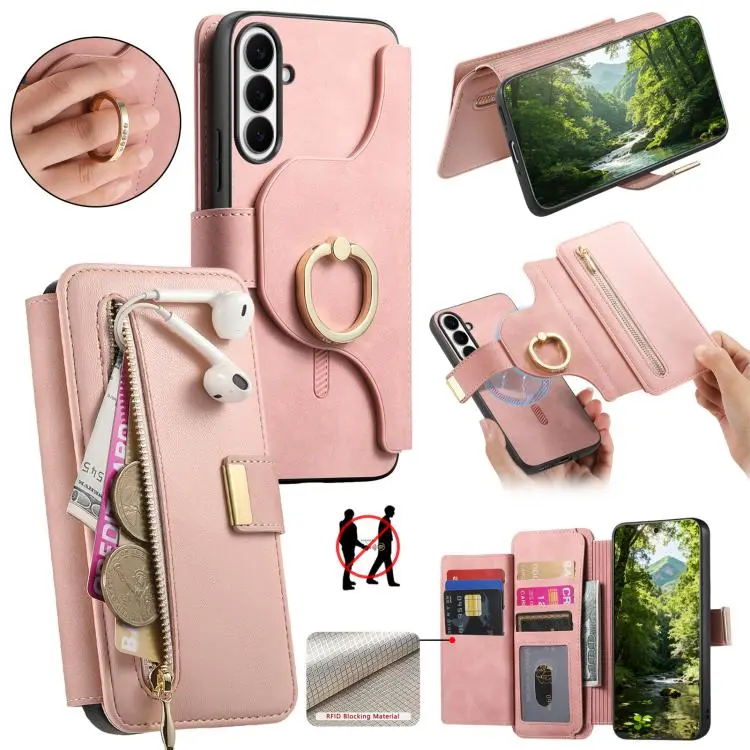 Portafoglio con cerniera ad anello, protezione RFID, custodia per telefono in pelle MagSafe, For Galaxy S24+ 5G, For Galaxy S23 FE 5G, For Galaxy S23 Ultra 5G