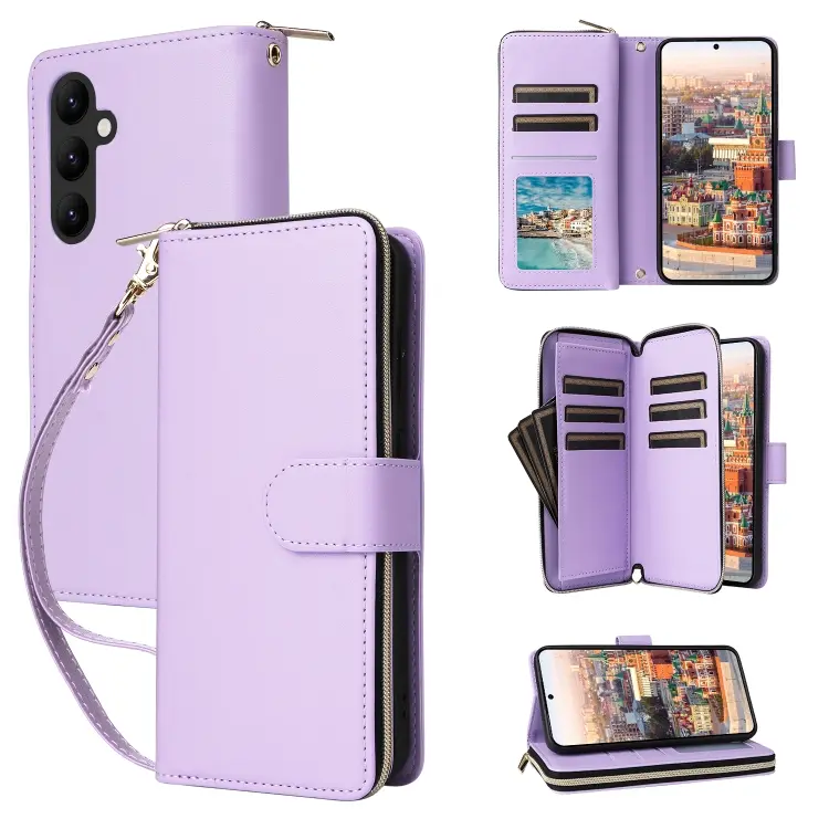 Portafoglio con cerniera e nove slot per carte, custodia in pelle per Galaxy