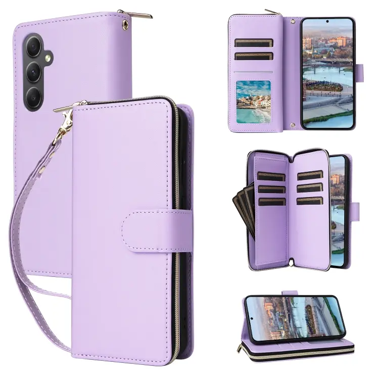 Portafoglio con cerniera e nove slot per carte, custodia in pelle per Galaxy