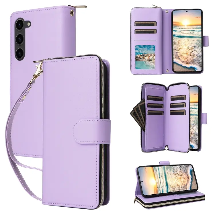 Portafoglio con cerniera e nove slot per carte, custodia in pelle per Galaxy