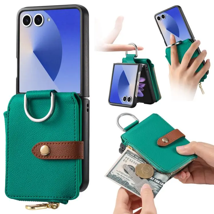 Portafoglio con cerniera verticale e anello con texture litchi, custodia per telefono, For Galaxy Z Flip8 5G, For Galaxy Z Flip7 5G