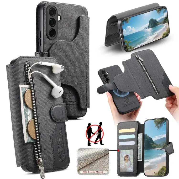 Portafoglio in pelle con cerniera e protezione antifurto per Galaxy A57, A37